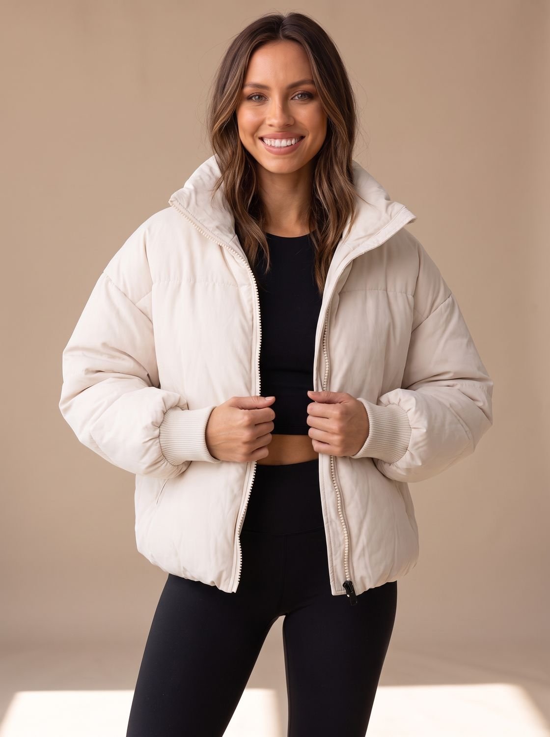 Women's Oversized Puffer Jacket Stand Collar Ribbed Cuff - White