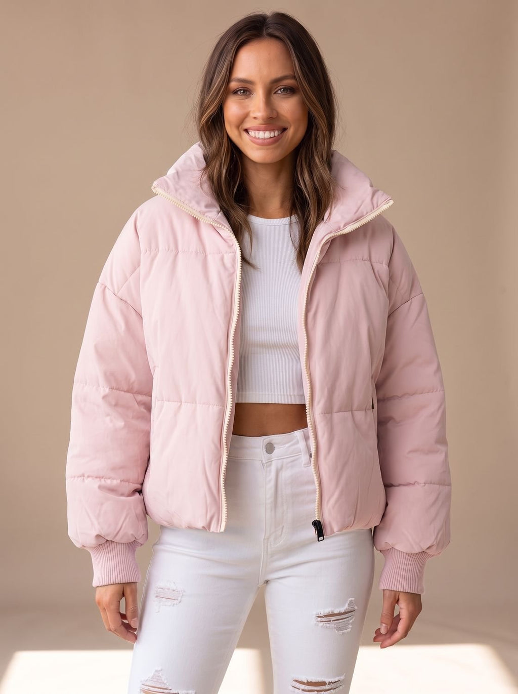 Women's Oversized Puffer Jacket Stand Collar Ribbed Cuff - Pink