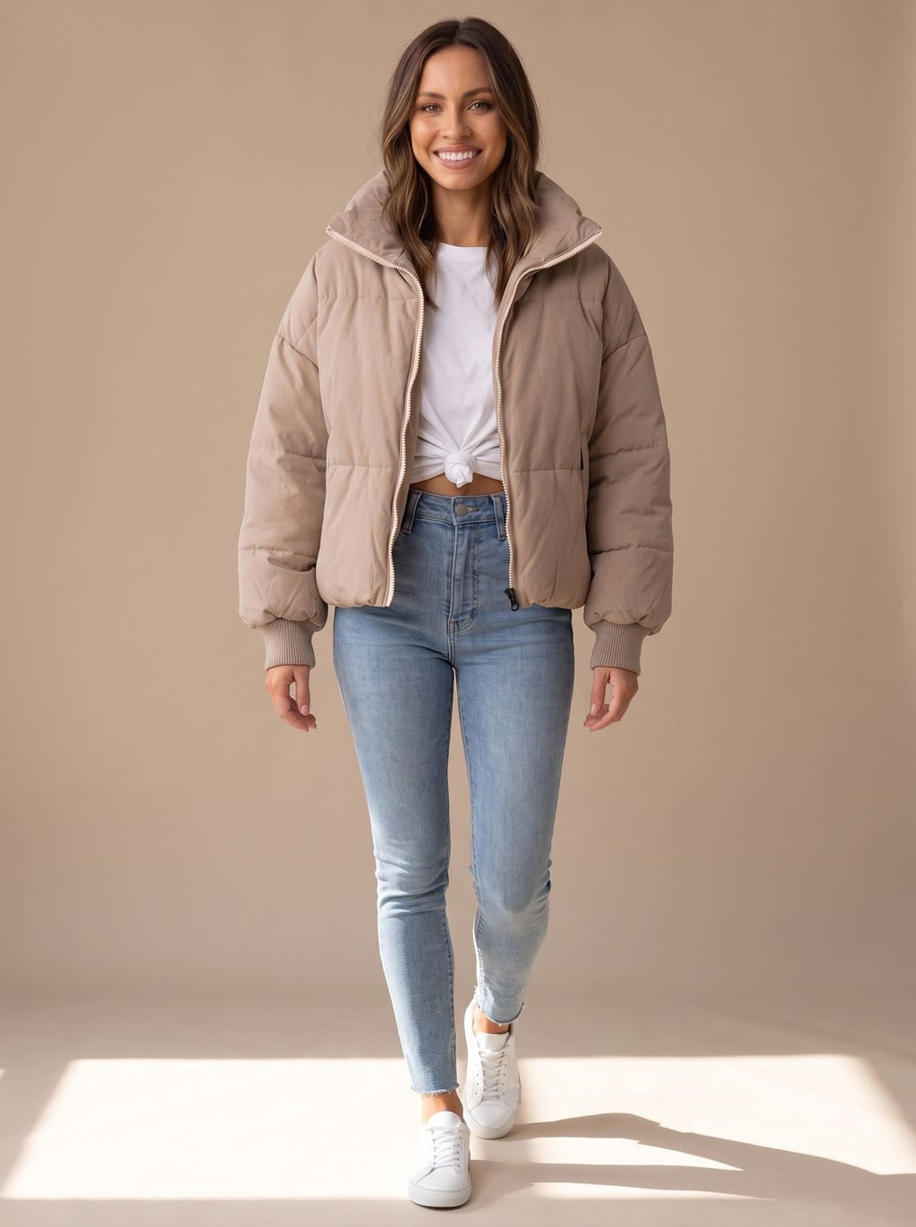 Women's Oversized Puffer Jacket Stand Collar Ribbed Cuff