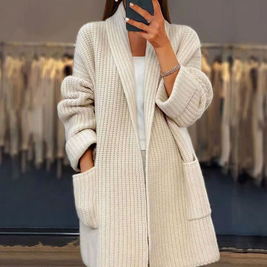 Women's Oversized Relaxed-Fit Longline Knit Cardigan Pockets - Apricot