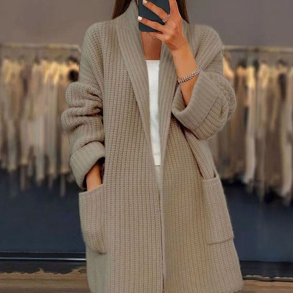 Women's Oversized Relaxed-Fit Longline Knit Cardigan Pockets - Khaki