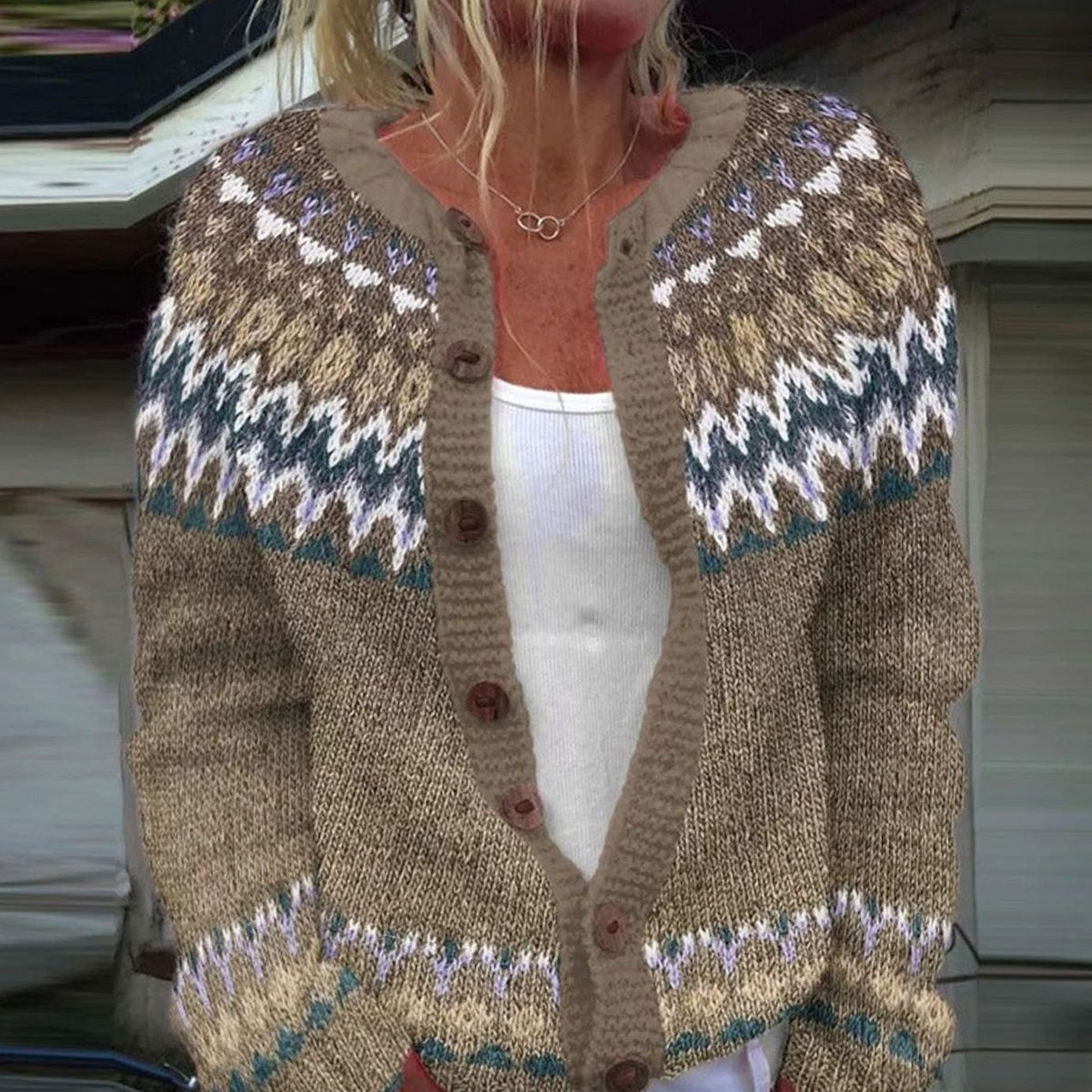 Women's Oversized Retro Fair Isle Button-Front Knit Cardigan