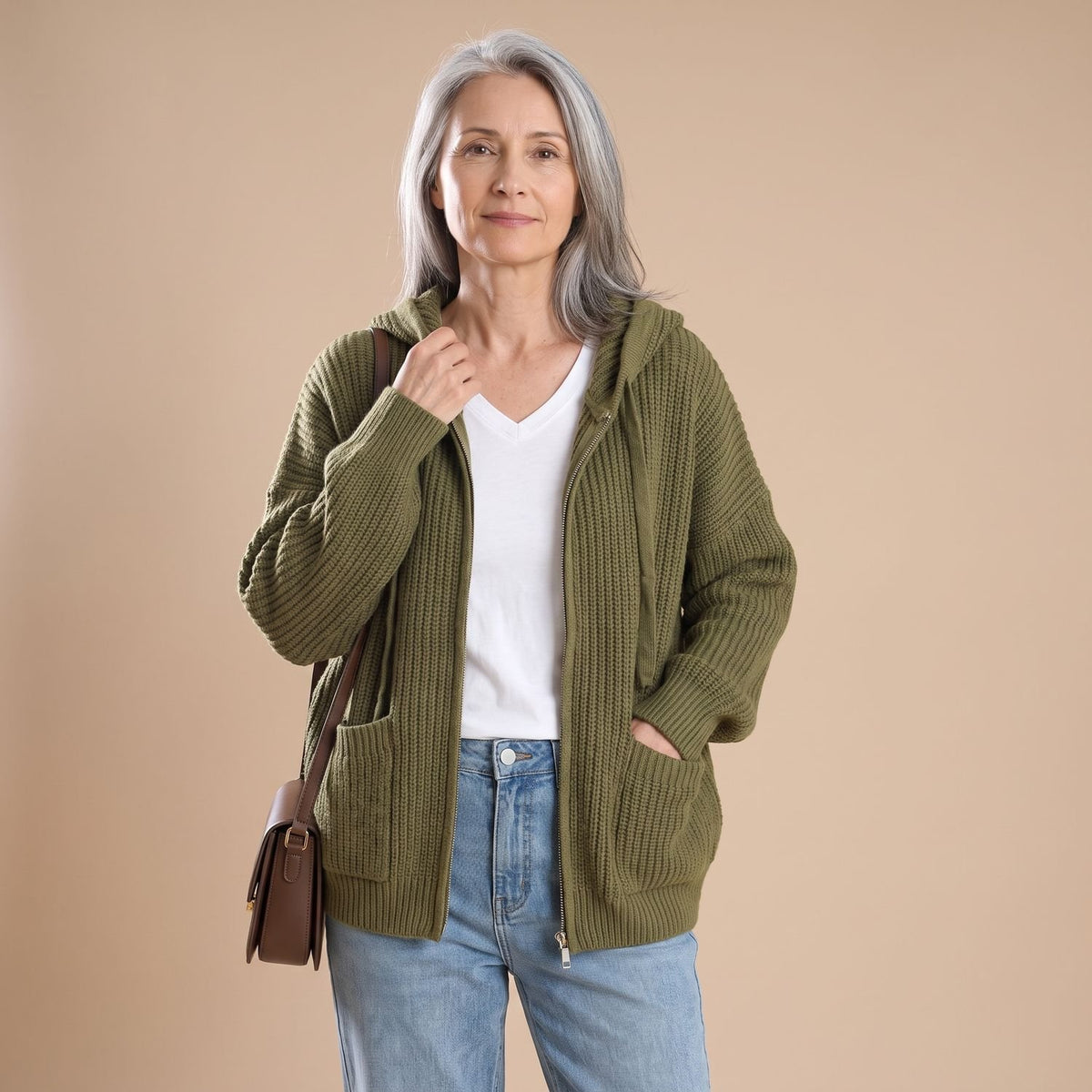Women's Oversized Ribbed Knit Zip-Up Hooded Cardigan