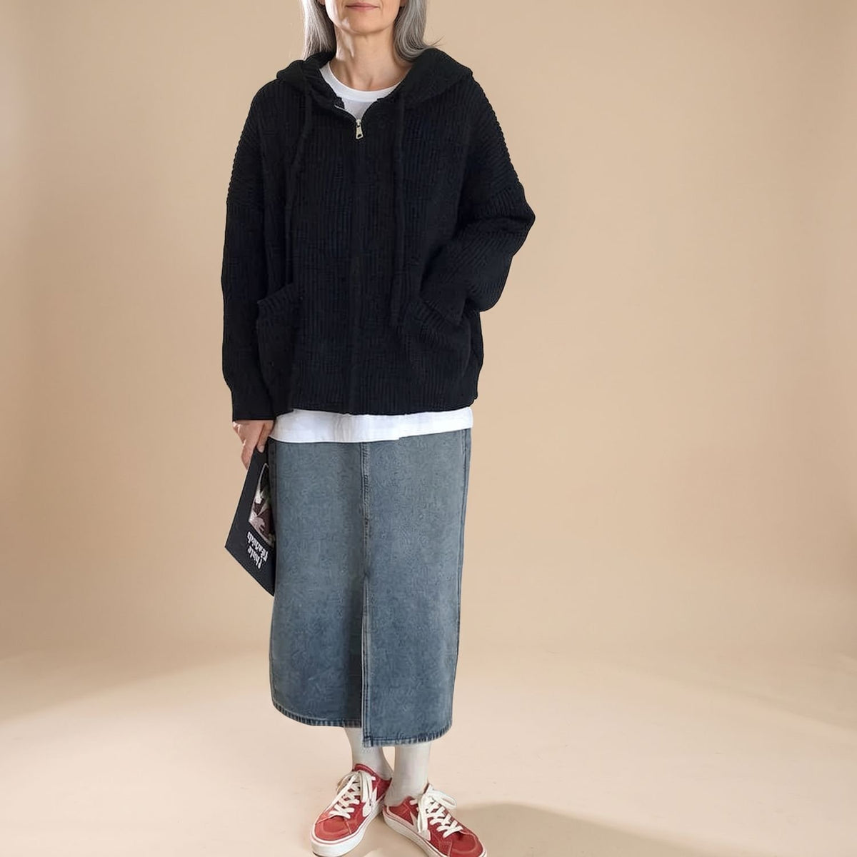 Women's Oversized Ribbed Knit Zip-Up Hooded Cardigan