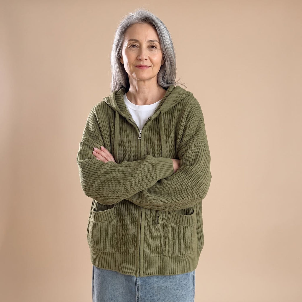 Women's Oversized Ribbed Knit Zip-Up Hooded Cardigan - Green