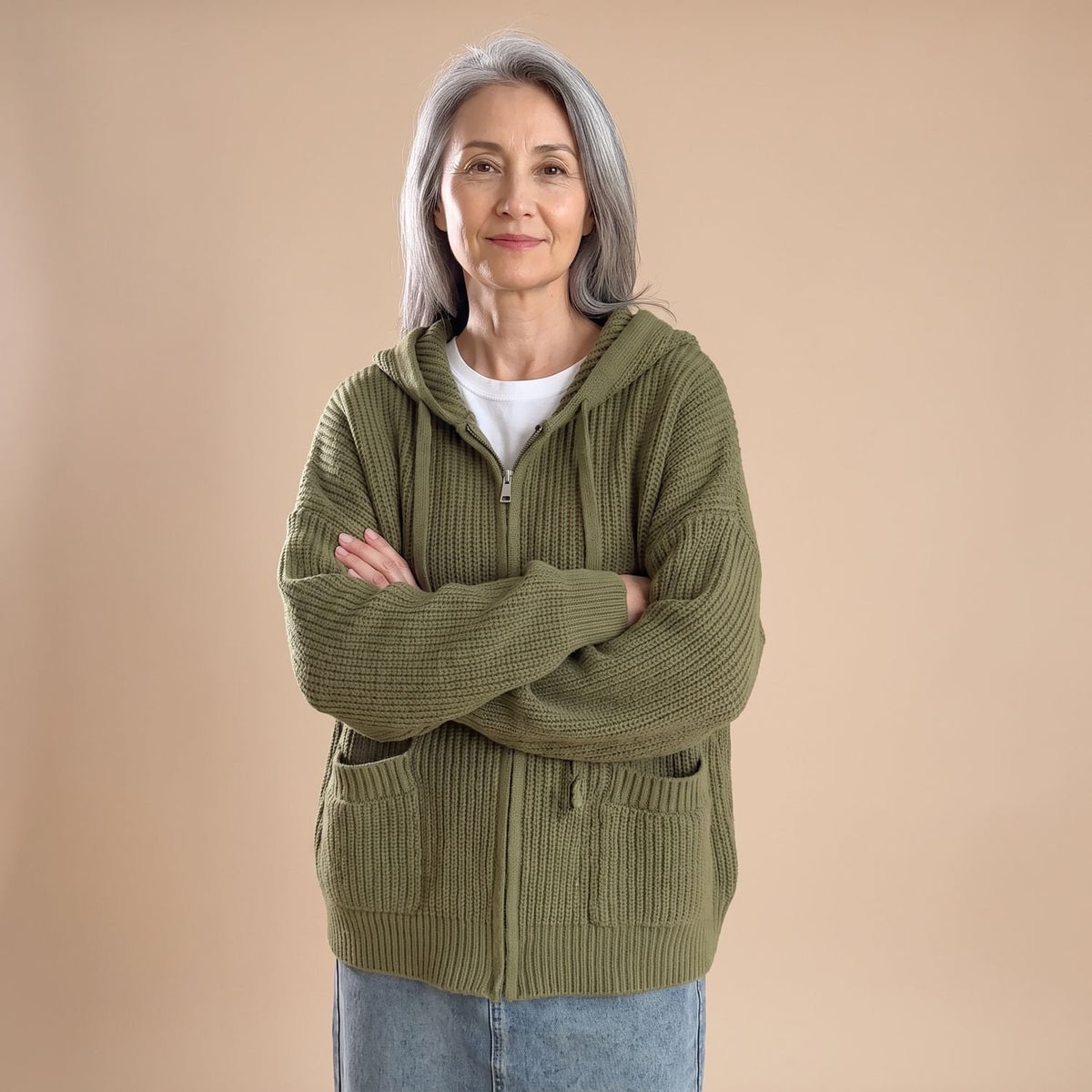 Women's Oversized Ribbed Knit Zip-Up Hooded Cardigan - Green