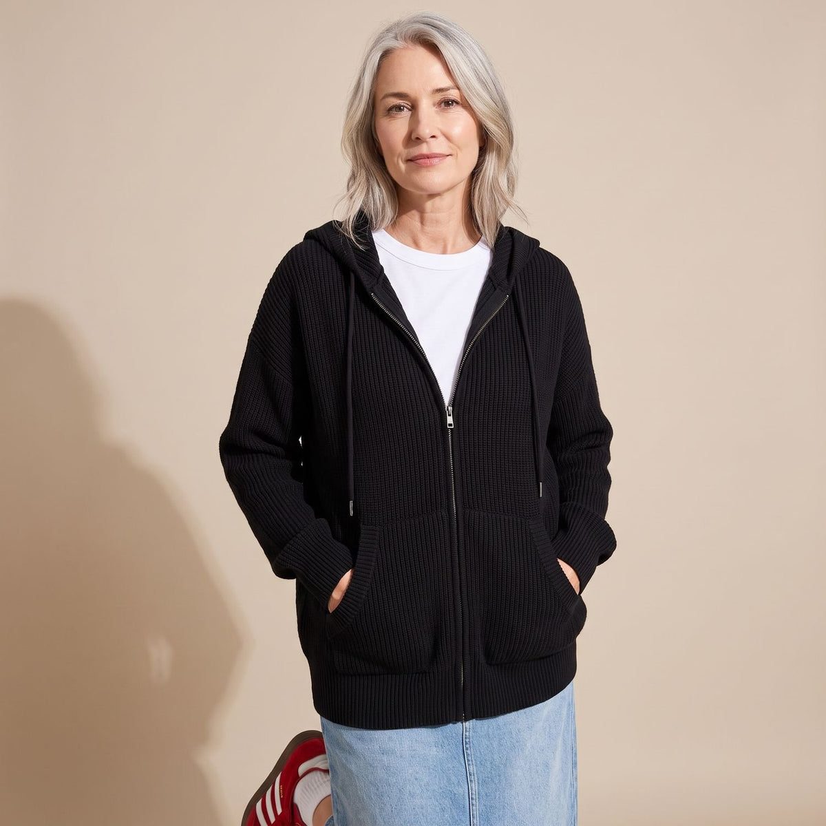 Women's Oversized Ribbed Knit Zip-Up Hooded Cardigan - Black
