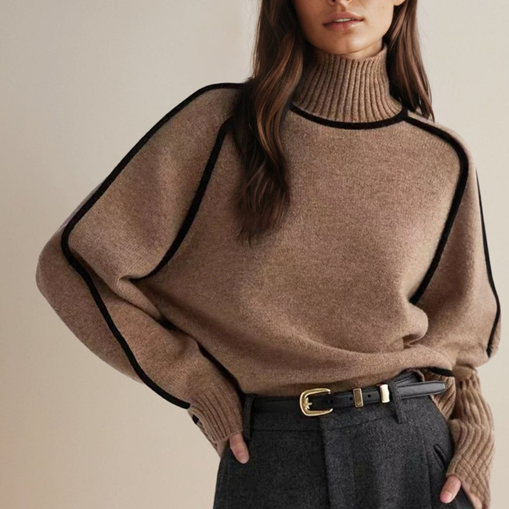 Women's Oversized Ribbed Turtleneck Sweater Contrast Side Stripes - Brown