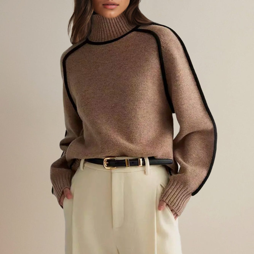Women's Oversized Ribbed Turtleneck Sweater Contrast Side Stripes