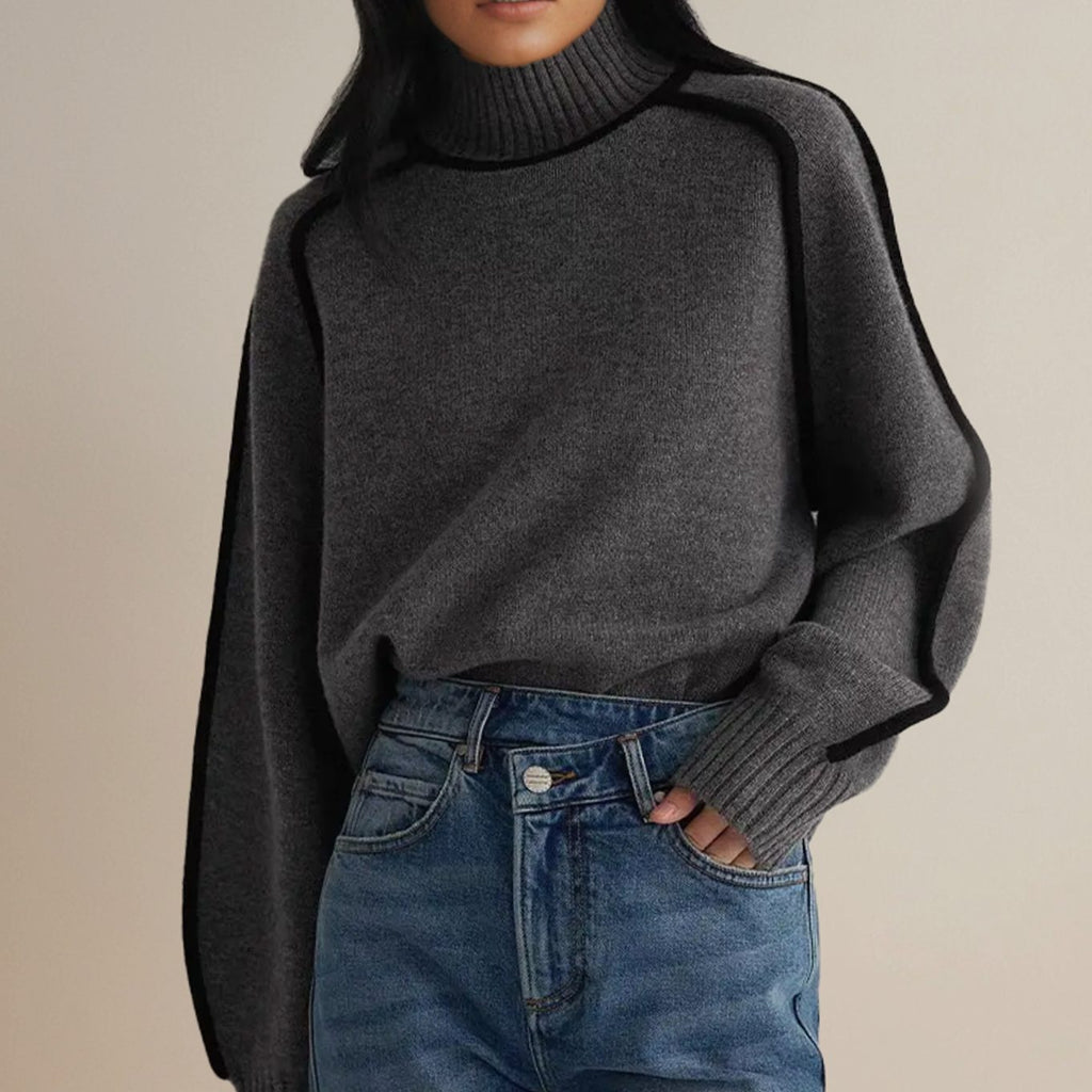 Women's Oversized Ribbed Turtleneck Sweater Contrast Side Stripes - Grey