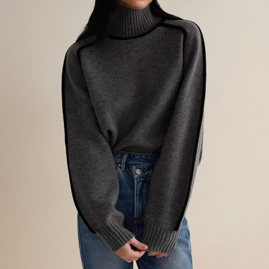 Women's Oversized Ribbed Turtleneck Sweater Contrast Side Stripes