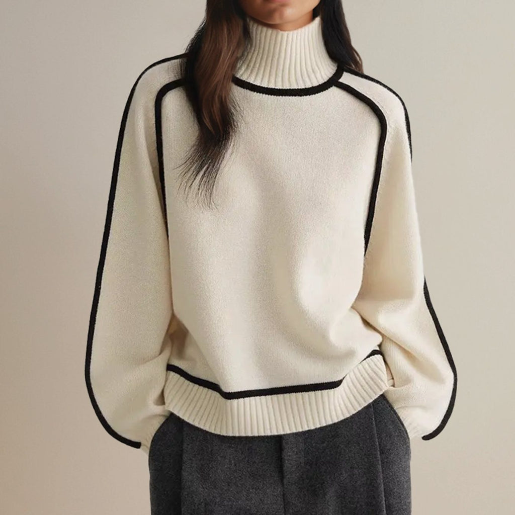 Women's Oversized Ribbed Turtleneck Sweater Contrast Side Stripes - White