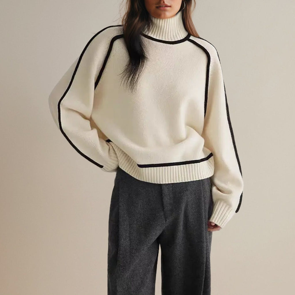 Women's Oversized Ribbed Turtleneck Sweater Contrast Side Stripes