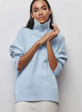 Women's Oversized Ribbed Turtleneck Sweater Drop-Shoulder Knit Pullover - Baby Blue