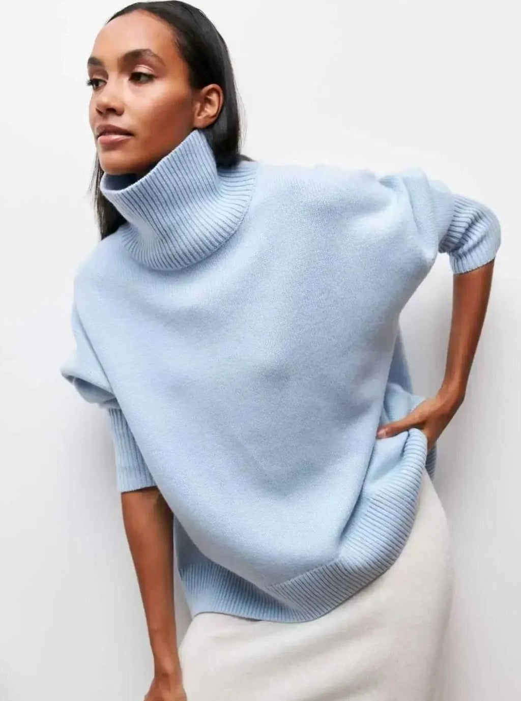 Women's Oversized Ribbed Turtleneck Sweater Drop-Shoulder Knit Pullover