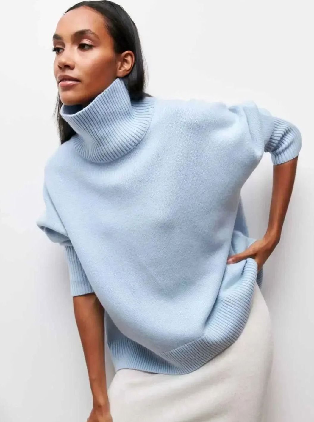 Women's Oversized Ribbed Turtleneck Sweater Drop-Shoulder Knit Pullover