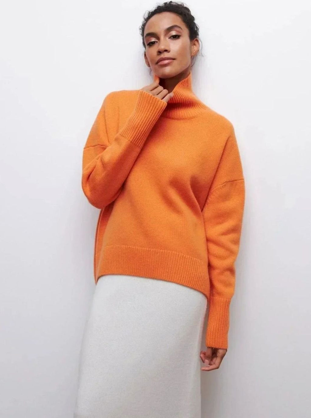 Women's Oversized Ribbed Turtleneck Sweater Drop-Shoulder Knit Pullover