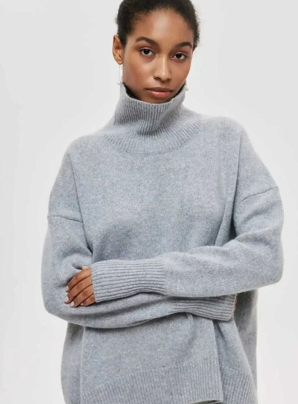 Women's Oversized Ribbed Turtleneck Sweater Drop-Shoulder Knit Pullover - Gray