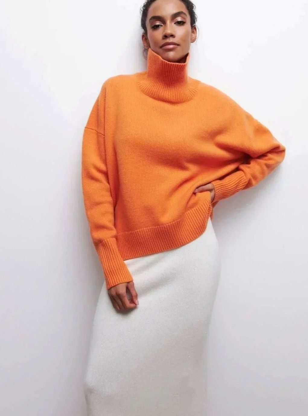Women's Oversized Ribbed Turtleneck Sweater Drop-Shoulder Knit Pullover - Orange