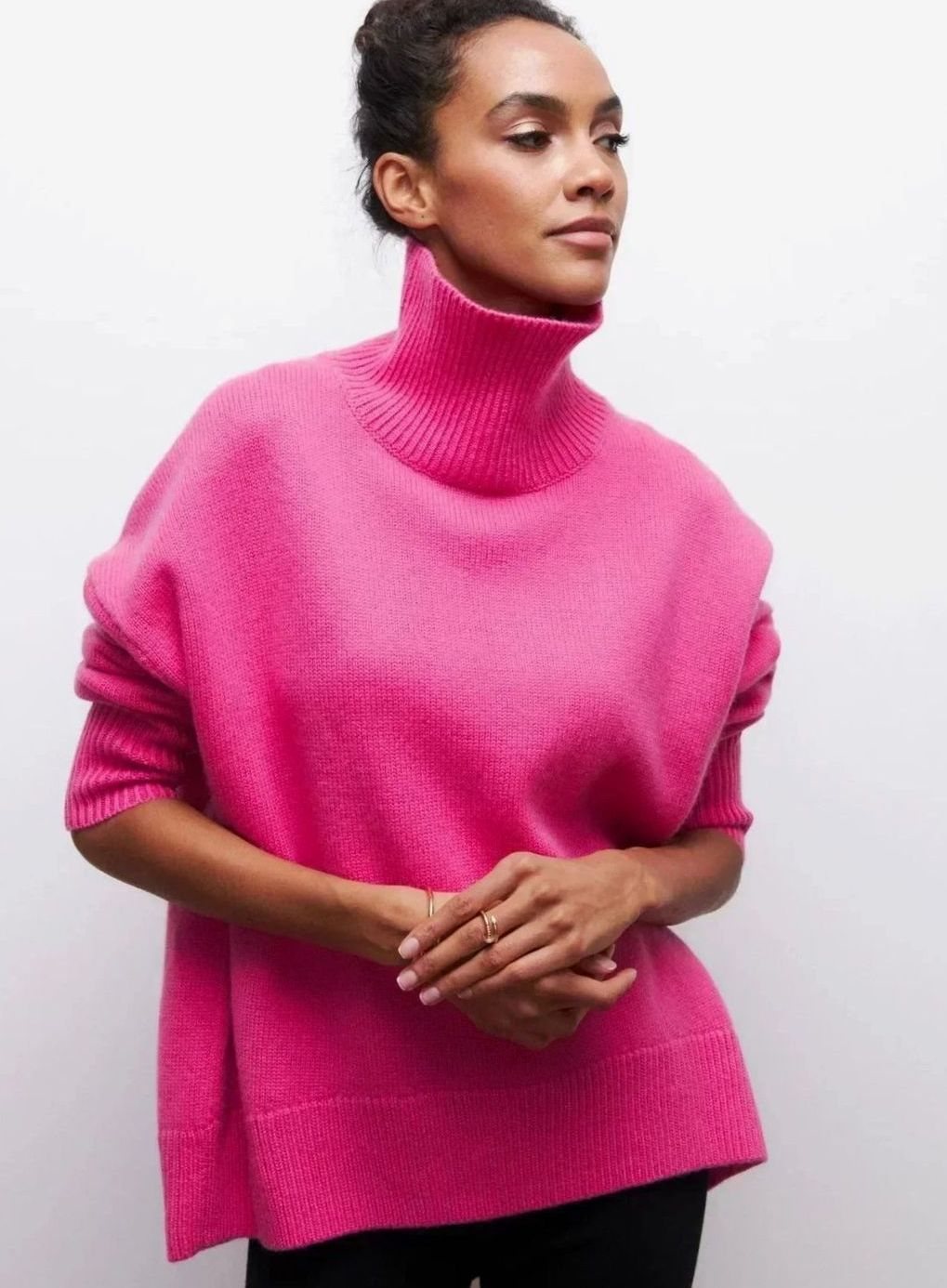 Women's Oversized Ribbed Turtleneck Sweater Drop-Shoulder Knit Pullover