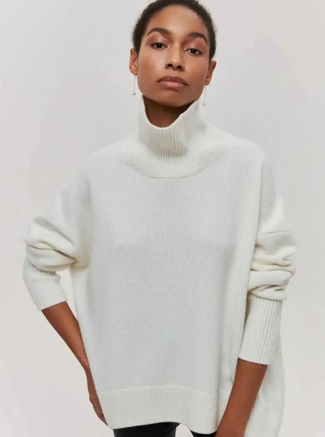Women's Oversized Ribbed Turtleneck Sweater Drop-Shoulder Knit Pullover - White