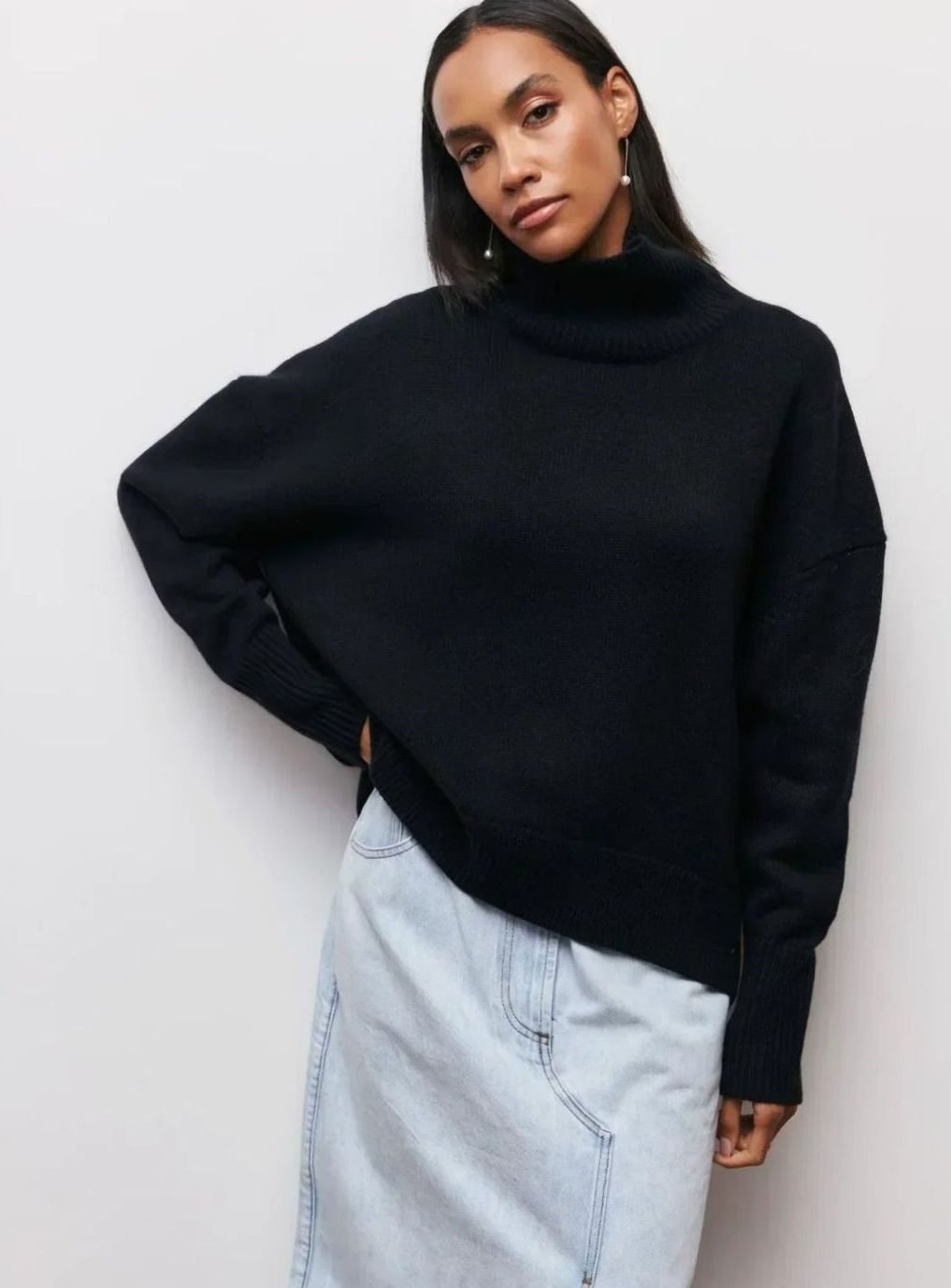 Women's Oversized Ribbed Turtleneck Sweater Drop-Shoulder Knit Pullover - Black
