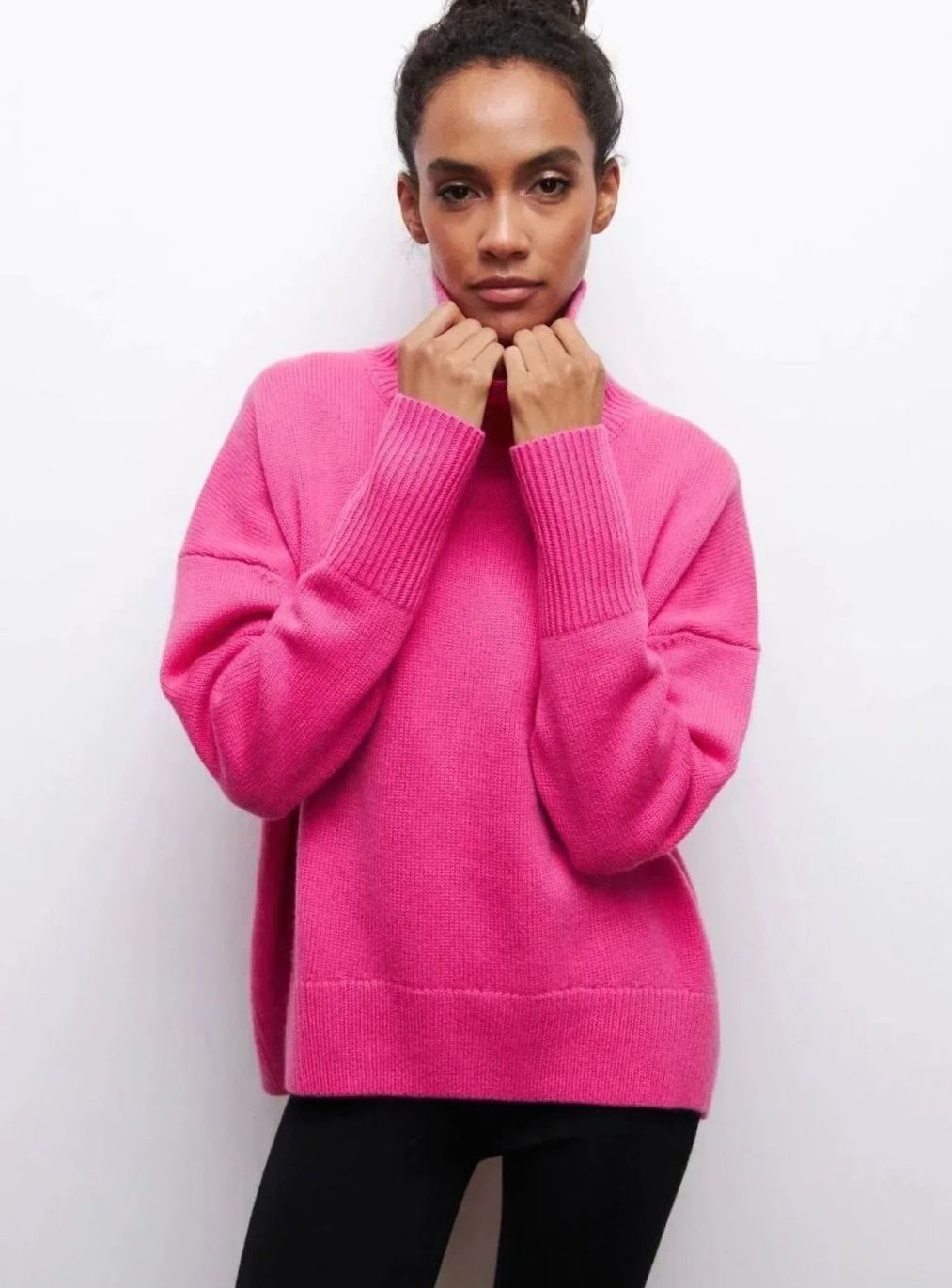 Women's Oversized Ribbed Turtleneck Sweater Drop-Shoulder Knit Pullover - Pink