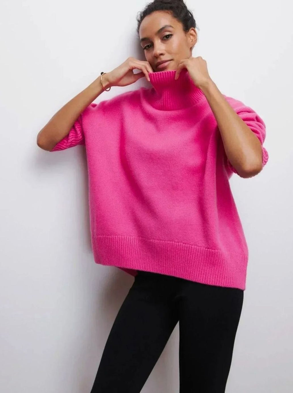 Women's Oversized Ribbed Turtleneck Sweater Drop-Shoulder Knit Pullover