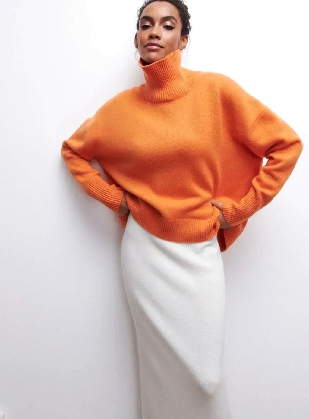 Women's Oversized Ribbed Turtleneck Sweater Drop-Shoulder Knit Pullover