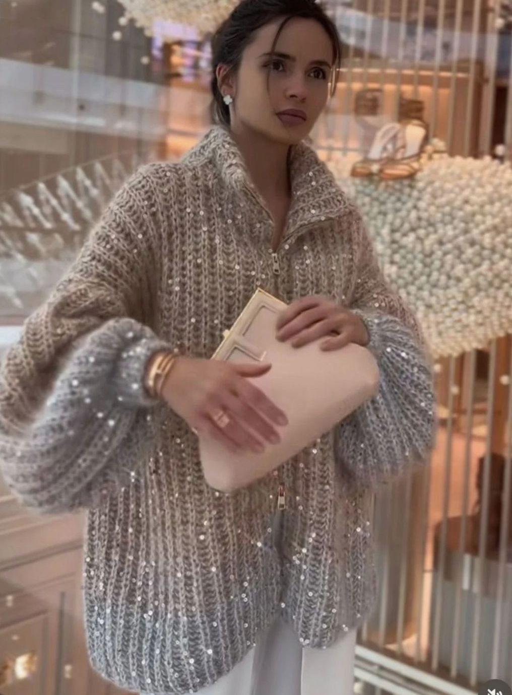 Women's Oversized Sequin Zip-Up Knit Cardigan Sweater - Beige Gradient
