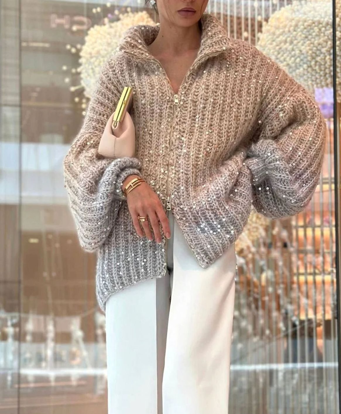 Women's Oversized Sequin Zip-Up Knit Cardigan Sweater