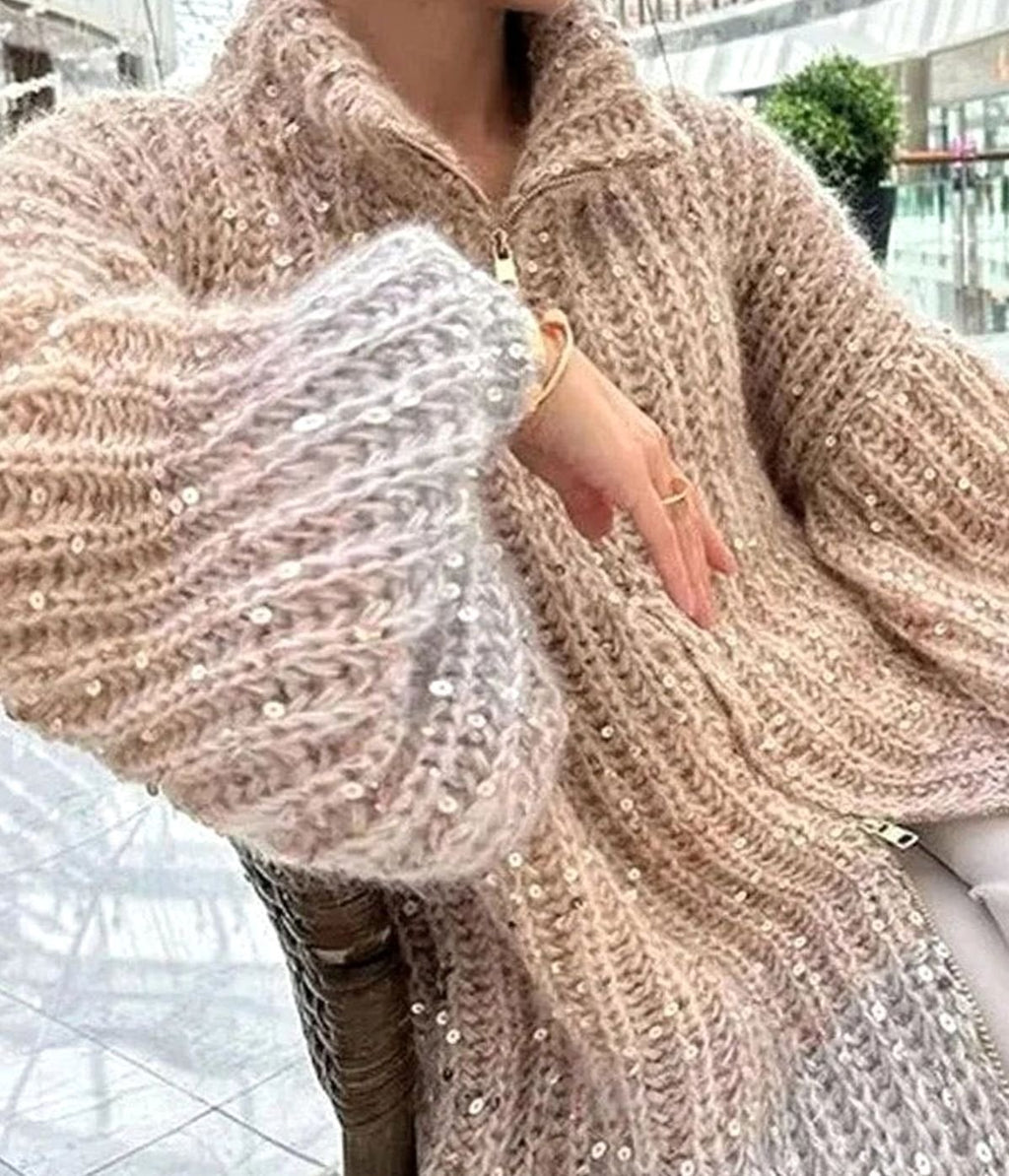 Women's Oversized Sequin Zip-Up Knit Cardigan Sweater