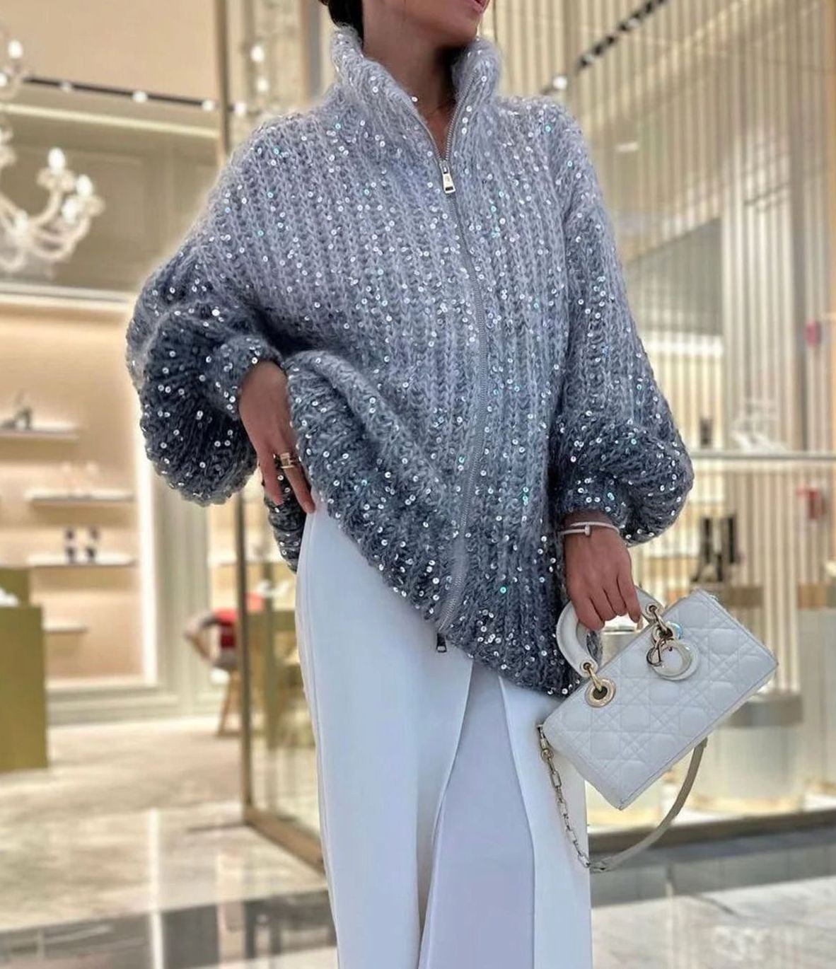 Women's Oversized Sequin Zip-Up Knit Cardigan Sweater - Cloud Gradient