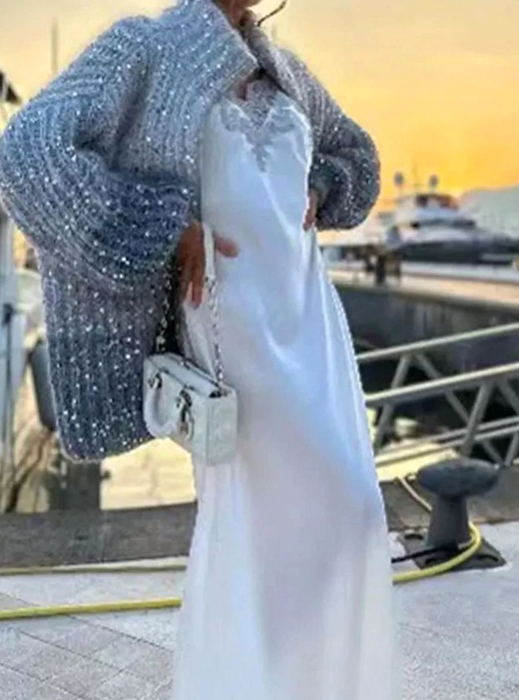Women's Oversized Sequin Zip-Up Knit Cardigan Sweater