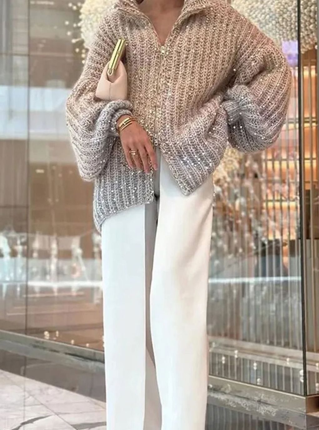 Women's Oversized Sequin Zip-Up Knit Cardigan Sweater