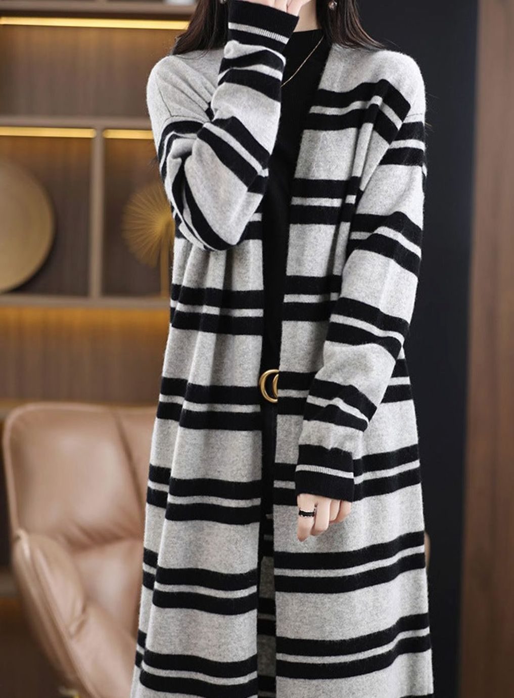 Women's Oversized Striped Long Open-Front Cardigan Sweater