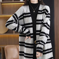 Women's Oversized Striped Long Open-Front Cardigan Sweater - Black-Gray