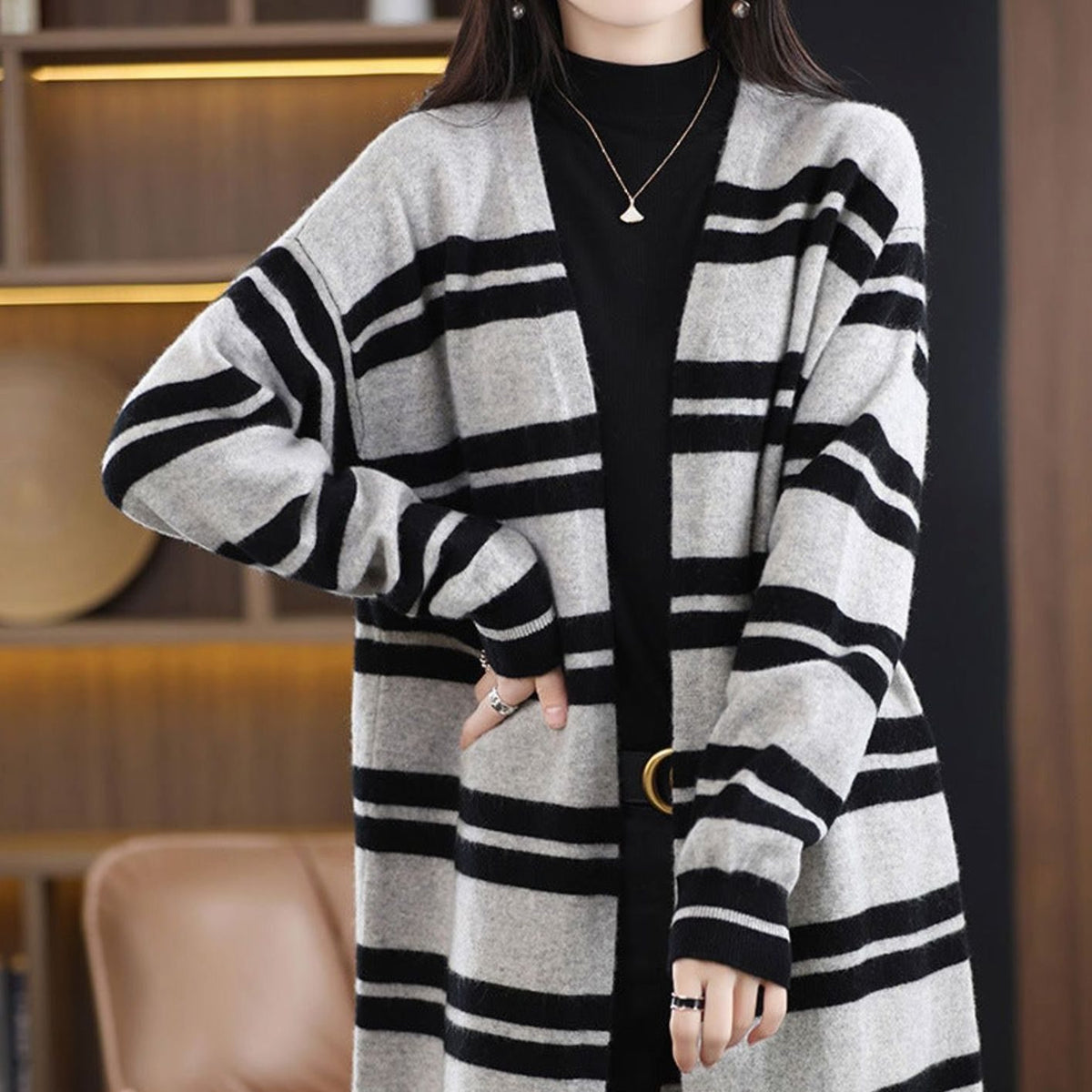 Women's Oversized Striped Long Open-Front Cardigan Sweater - Black-Gray