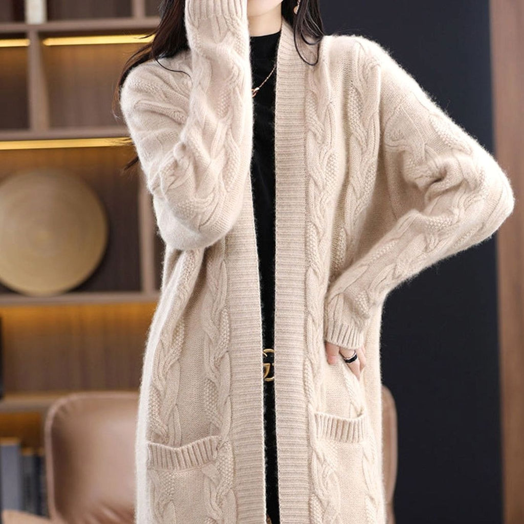Women's Oversized Striped Long Open-Front Cardigan Sweater - Beige