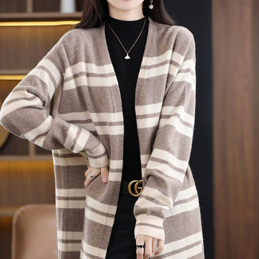Women's Oversized Striped Long Open-Front Cardigan Sweater - Beige-Camel
