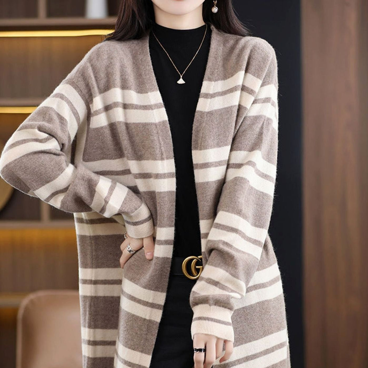 Women's Oversized Striped Long Open-Front Cardigan Sweater - Beige-Camel