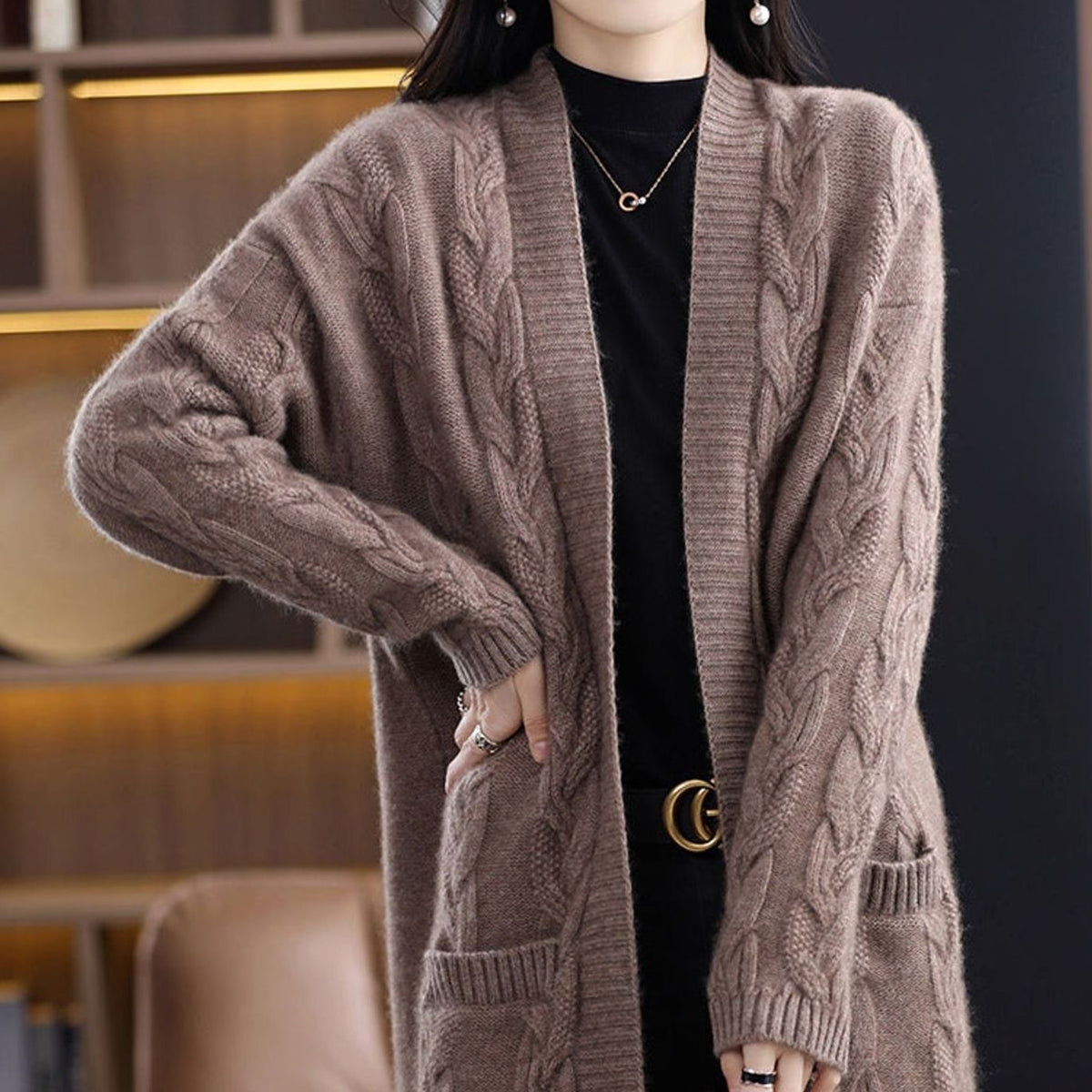 Women's Oversized Striped Long Open-Front Cardigan Sweater - Camel Brown