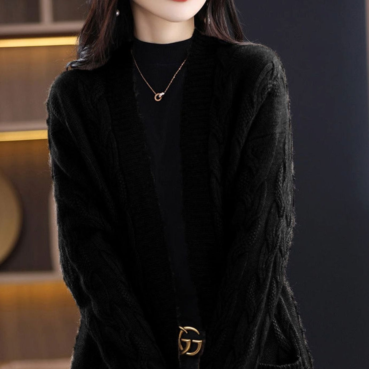 Women's Oversized Striped Long Open-Front Cardigan Sweater - Black