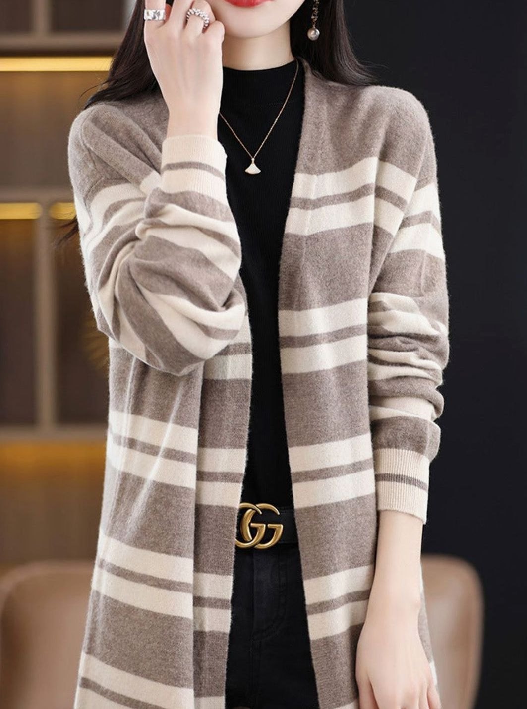Women's Oversized Striped Long Open-Front Cardigan Sweater