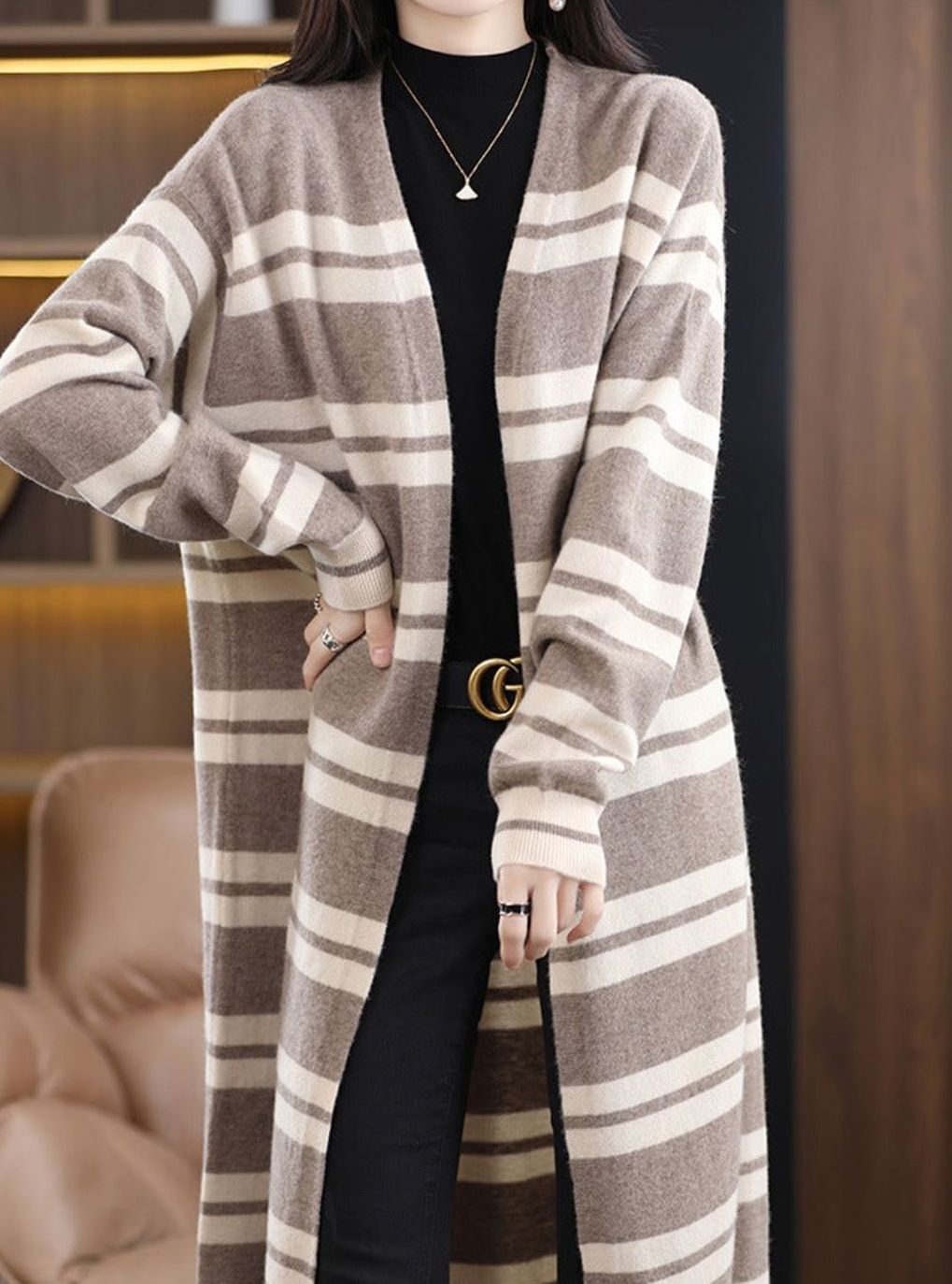Women's Oversized Striped Long Open-Front Cardigan Sweater