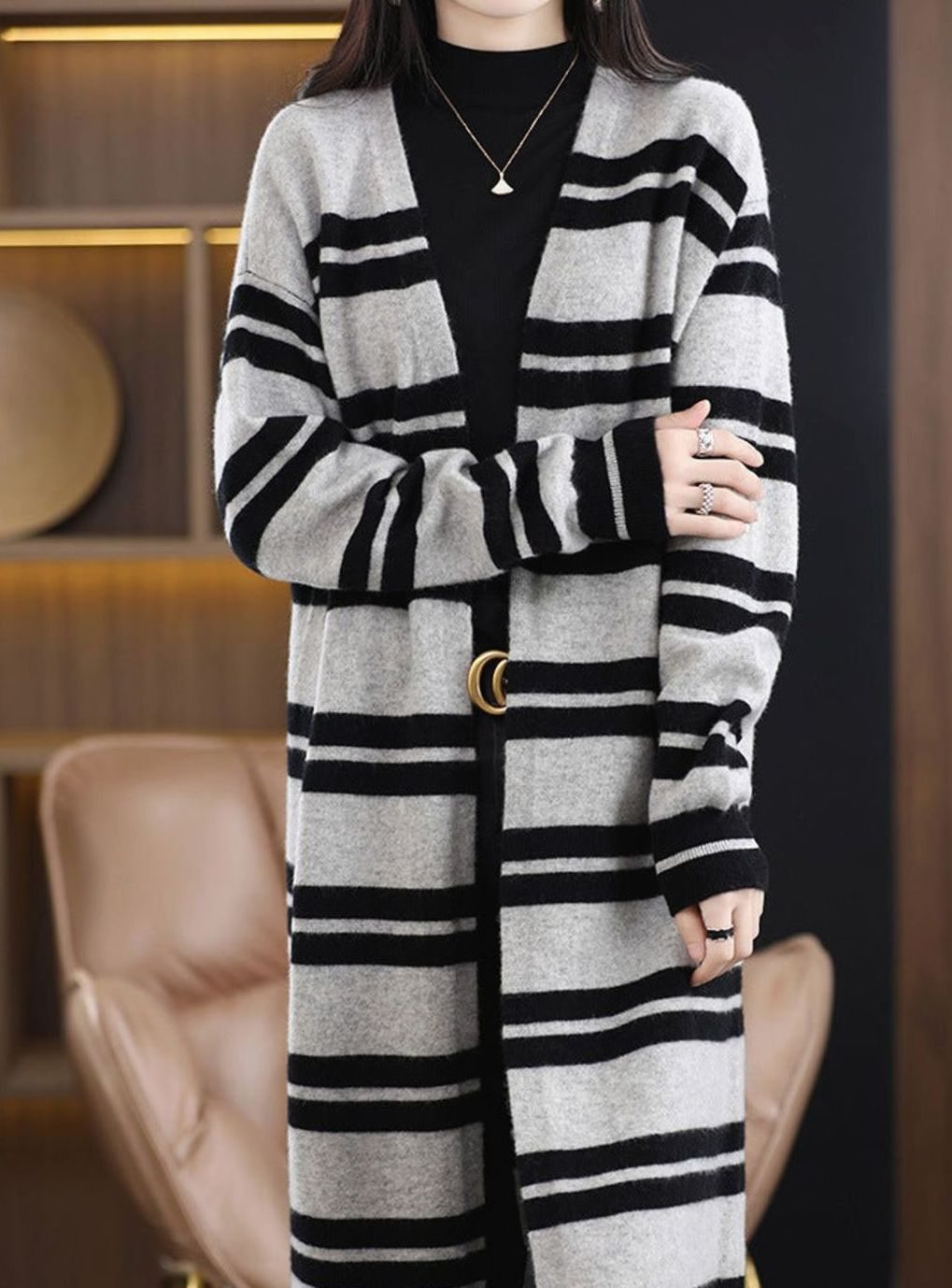 Women's Oversized Striped Long Open-Front Cardigan Sweater