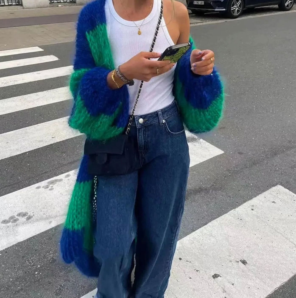 Women's Oversized Striped Longline Open-Front Cardigan - Green