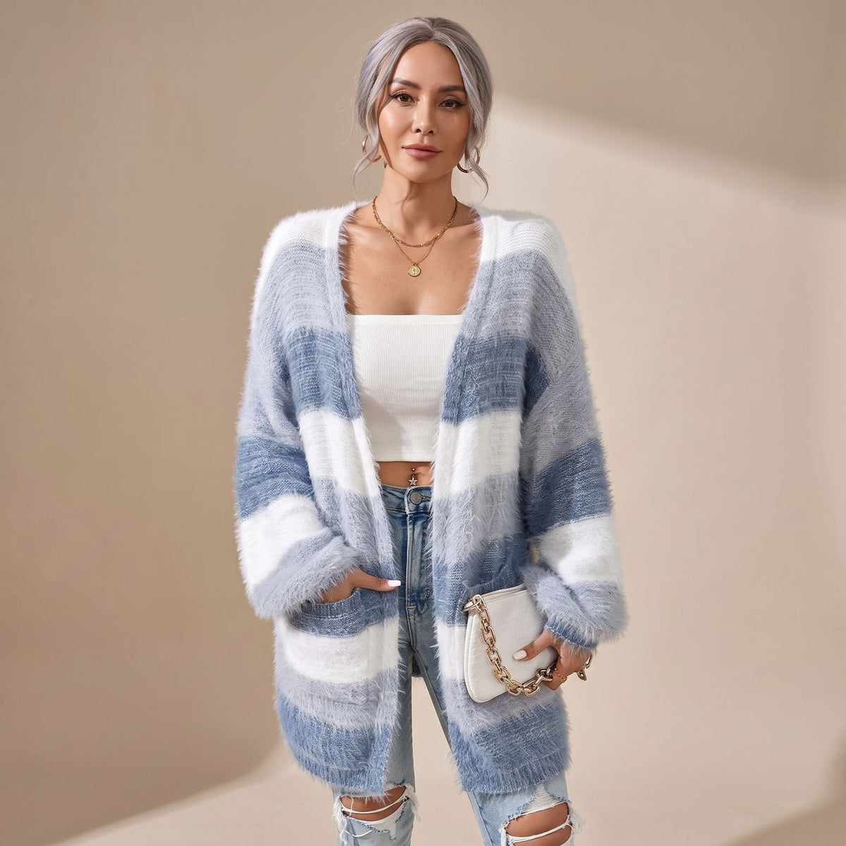 Women's Oversized Striped Open-Front Fuzzy Knit Cardigan - Light Blue