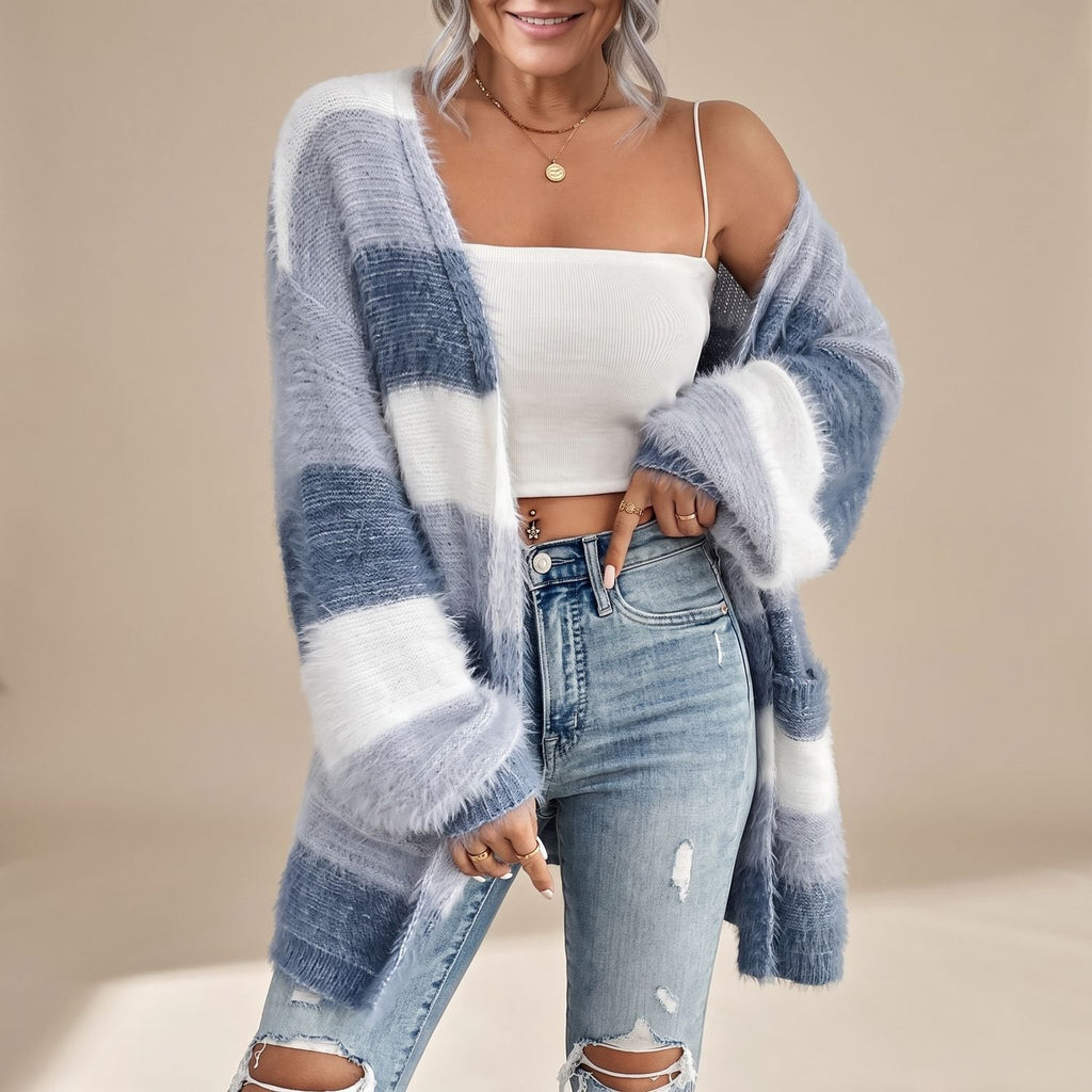 Women's Oversized Striped Open-Front Fuzzy Knit Cardigan