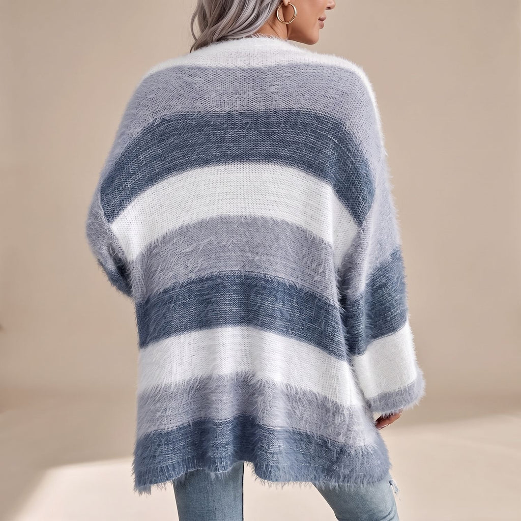 Women's Oversized Striped Open-Front Fuzzy Knit Cardigan